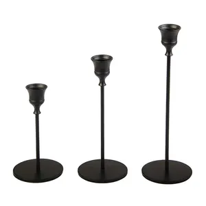 Set of 3 Tall Matte Black Metal Candle Holders Wrought Iron Pillar Candlestick Stand for LED Taper Candles for Wedding Party