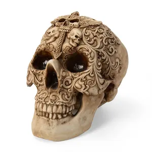 树脂哥特式花朵图案头骨雕像万圣节头骨装饰人类头部雕塑墨西哥恐怖头骨骨