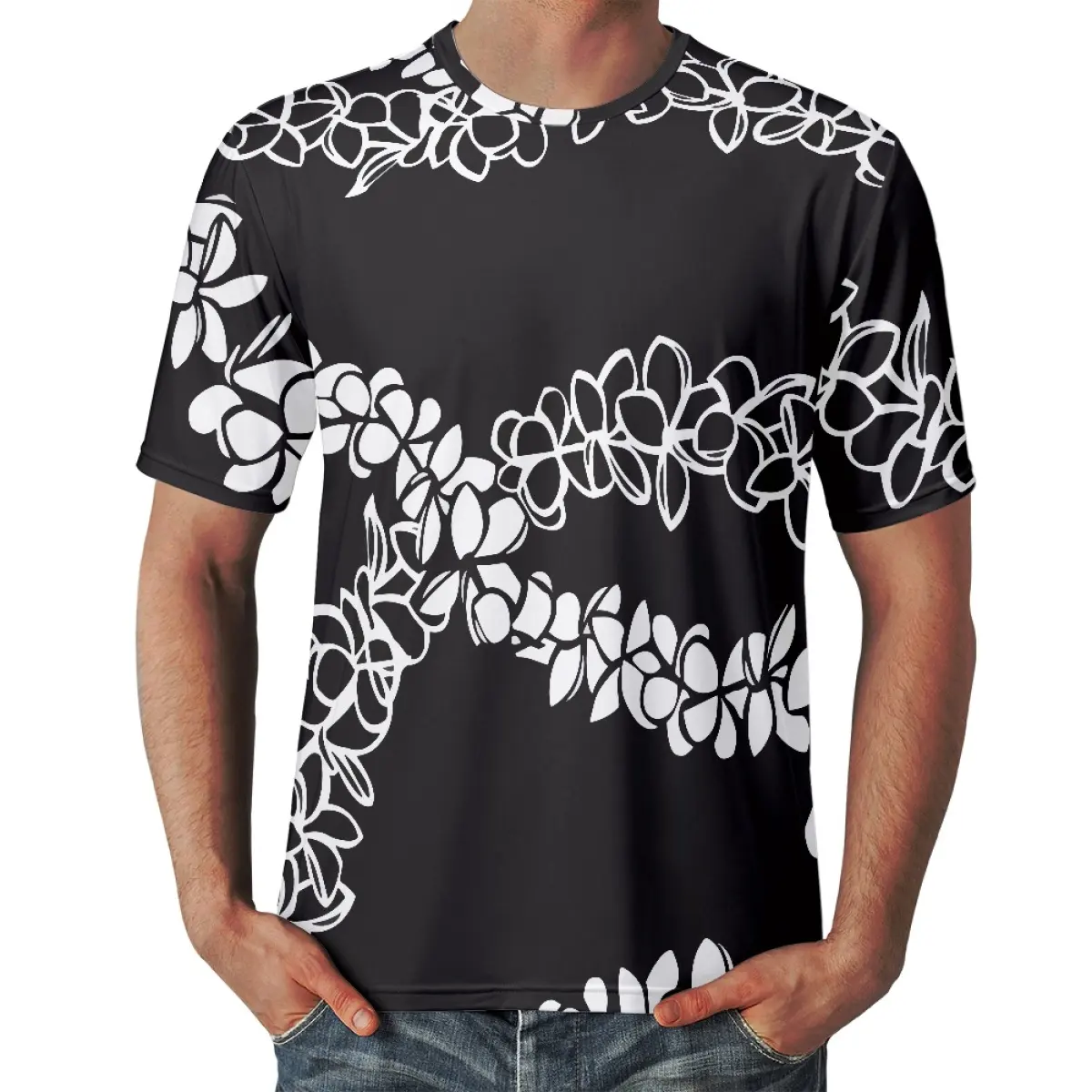 Dropshipping เสื้อผ้าผู้ชายแขนสั้นเสื้อยืดขนาดบวกที่กําหนดเอง Puakenikeni ออกแบบดอกไม้พิมพ์ผู้ชายเสื้อยืดฤดูร้อนสวมใส่
