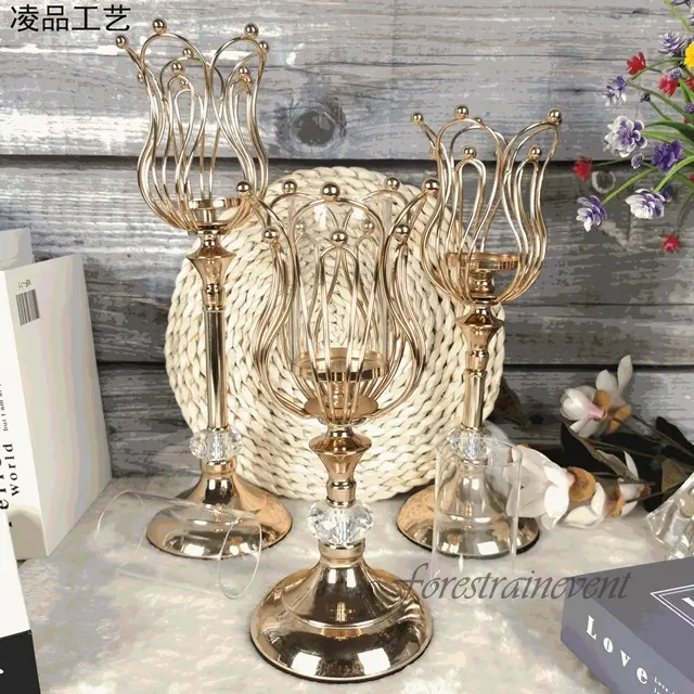European Golden Table Centerpiece Crystal Candle Holder Round Candlestick Metal Ornaments Light Dinner Romantic Props Home Decor