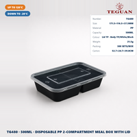 Boîte à lunch bento moderne jetable en plastique TeGuan, multi-compartiments, qualité alimentaire, 18 oz/500 ml, couvercle micro-ondable, noir/transparent