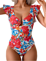 ODM Custom Print Slimming Tummy Control V-Neck Cutout Spandex/Polyester Floral Ruffled Baju Renang Wanita 1-Piece Model Ruffle Bermotif Bunga untuk Pantai dan Resor