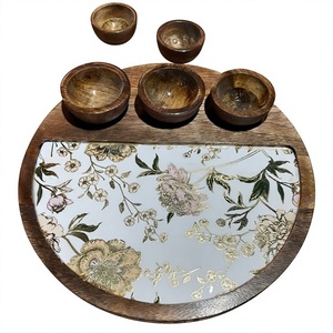 Bandeja de Servir de Madera LORD con 3 Tazones, Plato Decorativo con Incrustaciones Florales, Modelo LV61616, para Servicio de Mesa y Decoración del Hogar - Product Image 1