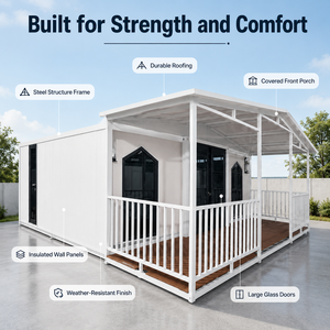 Casa Contenedor Moderna con Estructura de Acero, Porche, Paredes Aisladas, Puertas de Vidrio Grandes y Acabado Resistente a la Intemperie - Product Image 1