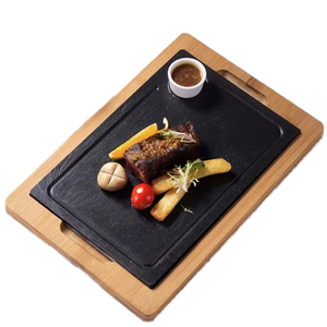 Plato de carne estilo occidental de pizarra negra y madera para restaurante, ecológico, pulido, para fiestas, de Hotel Vintage - Product Image 1