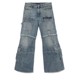 Jeans cargo super baggy à jambes larges et délavées, personnalisés par le fabricant, pour hommes, avec plusieurs poches cargo, en denim - Product Image 2