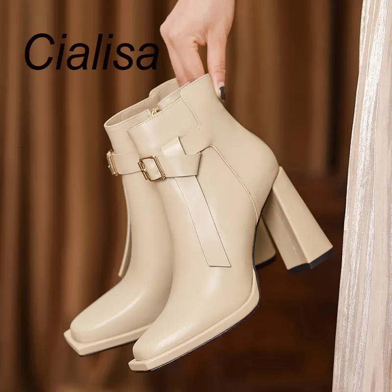 Cialisa Wholesale Handmade Winter Ankle & Bootie Genuine Leather Women Boot Block High Heels Ladies Boots Women Shoes 2022