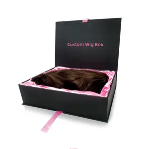 Kotak ekstensi rambut Magnet hitam kemasan anyaman kotak Wig kaku kardus Logo kustom dengan penutup magnetis