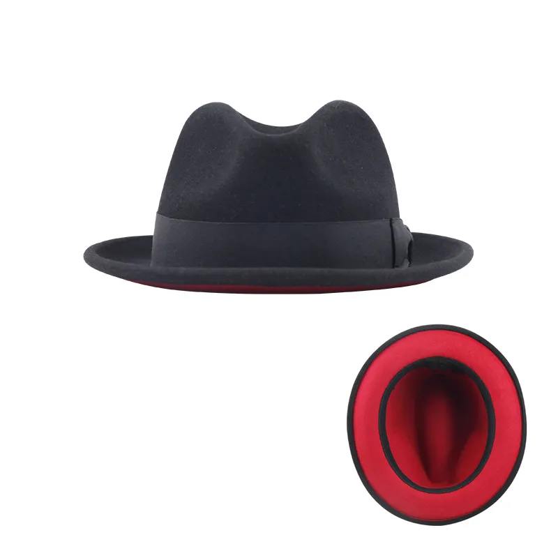 LiHua The Factory Wholesale High Quality Short Brim Fedora Hats Red&Black Color Fedora Hat