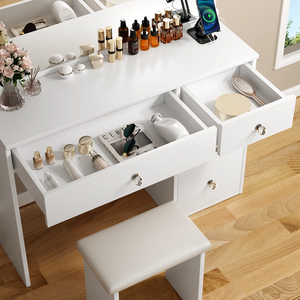 モダンなバニティセット照明付きミラーウッドパネル隠しスペースコンセント寝室用 - Product Image 5