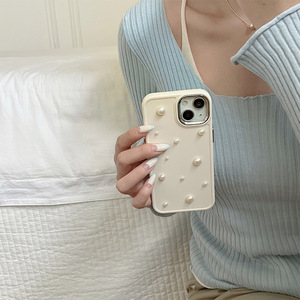Bán buôn tùy chỉnh ánh sáng ngọc trai sang trọng màu rắn Silicone Hàn Quốc Ins phong cách của phụ nữ <span class=keywords><strong>Iphone</strong></span> trường hợp cho 16 15 Promax 14 cộng với 13 12 11 - Product Image 3