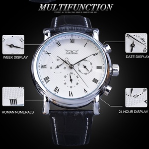 Montre mécanique automatique JARAGAR JAG6908, <span class=keywords><strong>six</strong></span> aiguilles, cadran à chiffres romains, bracelet <span class=keywords><strong>en</strong></span> cuir véritable, date de la semaine, montres de bureau - Product Image 4