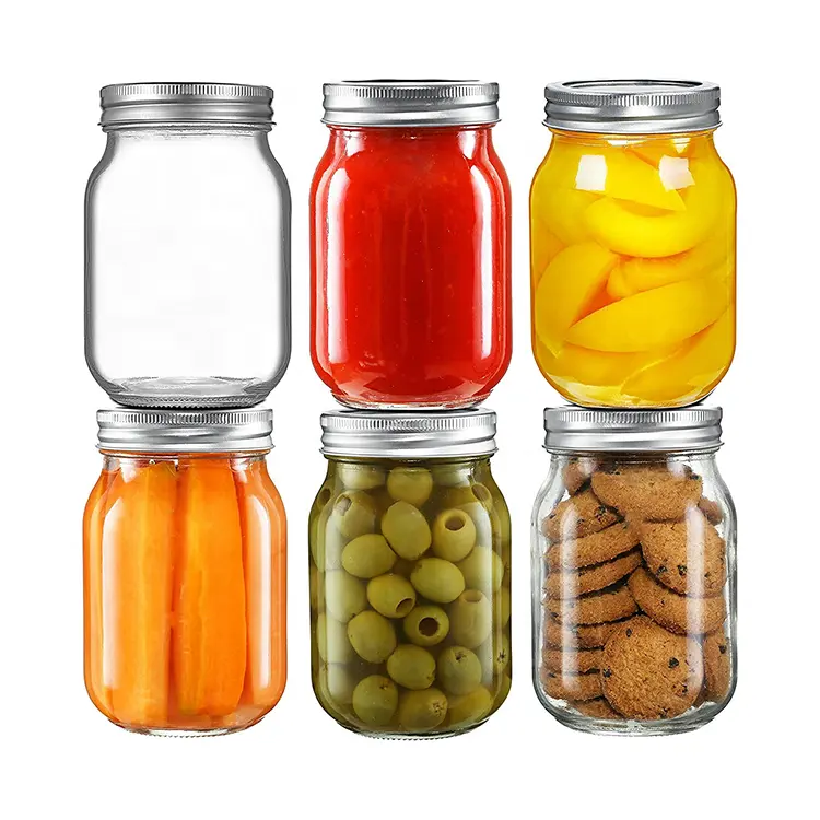 Vidro Boca regular Mason Jars Canadá 16 oz frascos de vidro transparente com tampas metálicas prateadas para selagem Canning Jars