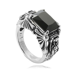 Men's <b>Dragon</b> Design Black Gemstone <b>Ring</b> Steel Color Prong Setting Punk Style Fashion Jewelry Gift - Product Image 1