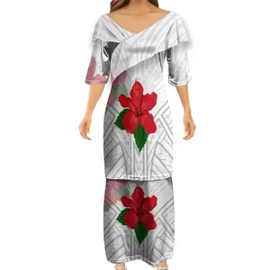 Red Plumeria HD Print Drape Dresses Two Piece Polynesian Hawaii Style Custom Pattern Frill Off Shoulder Puletasi Dresses 1 MOQ
