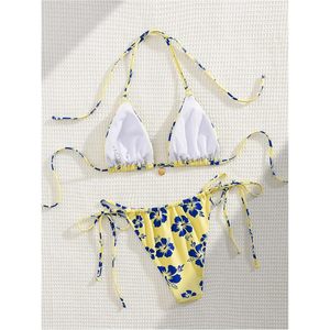 FOXA Conjunto de bikini floral para mujer, amarillo, azul, estampado hawaiano, top triangular, parte inferior tipo tanga, traje de baño, ropa de playa, conjunto de 2 piezas - Product Image 3