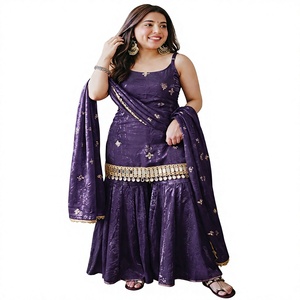 Conjunto de 3 piezas de salwar kameez morado de seda elástica con trabajo de espejo, estilo Kurti pakistaní, ropa tradicional india para mujer al por mayor - Product Image 1
