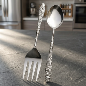 Paire de cuillères et fourchettes de service modernes en acier inoxydable pour salades, légumes frais, pâtes et usage quotidien en cuisine et salle à manger - Product Image 3