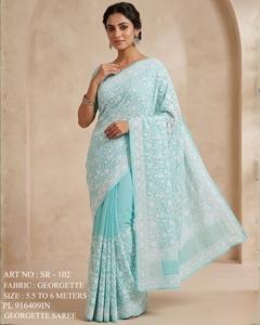 Luxury Pastel Georgette Saree with Heavy Embroidery Modern Design for Party Diwali Wedding & Festivals - Product Image 1