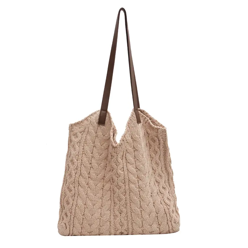 Простая элегантная плетеная вязаная крючком сумка для покупок в Корейском стиле, шерстяная сумка-тоут через плечо, женская вязаная сумка