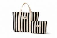 Sac fourre-tout en toile rayée bleu marine durable et pochette assortie – Sac à main en coton à rayures esthétiques, grande capacité, sac de courses réutilisable