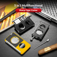 Coupe-cigares multifonctionnel 5 en 1 portable classique jaune en acier inoxydable avec coupe en V, coupe droite, poinçon à cigares et support