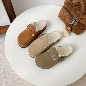 Waterproof Fur Integrated Boken Shoes Half Drag Suede Casual Women's <b>slippers</b> Fleece <b>Wool</b> Retro Style Cork Outsole Plush Lining - Product Image 5