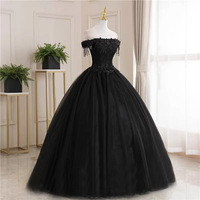 Robe de bal noire à épaules dénudées pour femme, robe formelle en tulle avec appliques en dentelle, longueur au sol, pour bal de promo, mariage et soirée