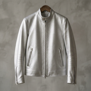 Silver Genuine Leather Winter Men's Zip-Up <b>Biker</b> <b>Jacket</b> with Stand Collar Zip Pocket Solid Pattern Canvas Fabric - Product Image 1