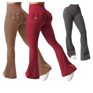 Pantalones Cortos de Yoga X1 para Mujer, Cintura Elástica con Botones y Bolsillos, Diseño Acampanado, Cintura Alta, Estampado a Cuadros, Ecológicos, Sin Costuras, para Actividades al Aire Libre - Product Image 4