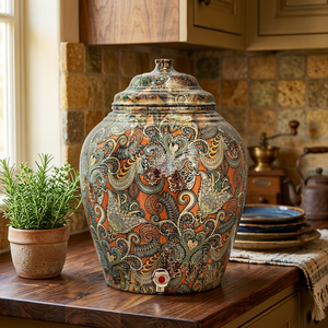 Distributeur d'eau chaude et froide en cuivre avec motif floral orange et robinet réutilisable pour usage domestique - Product Image 5