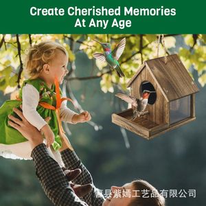 บ้านนกไม้พร้อมที่ให้อาหารแบบแขวนสำหรับนกกลางแจ้ง ตกแต่งแบบธรรมชาติ - Product Image 4