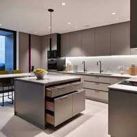 Dosseret en stratifié texturé 3D semi-brillant de qualité villa | Ensemble d'armoires de cuisine modulaires avec verre, MDF, robinet et quincaillerie d'évier