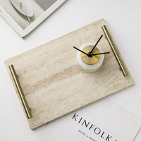 SAIDKOCC Plateau en pierre travertin beige Réception en marbre Vintage Salle de bain Vanité Plateau de service de luxe avec poignée en métal doré