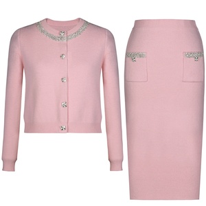 YFY personalizado 2025 conjunto de punto francés falda abierta de <span class=keywords><strong>diamante</strong></span> de agua para mujer Falda larga ajustada conjunto de dos piezas elegante de oficina Paris Chic - Product Image 2