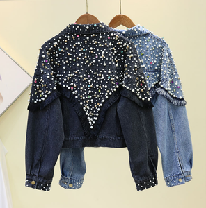 Cappotto di lusso da <span class=keywords><strong>donna</strong></span> con perla e diamanti manica lunga giacca in Denim con perline - Product Image 2