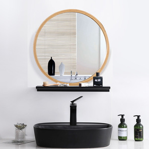 Nordic Style Solid Wood Round Mirror 30-40in Gold Frame Fogless <b>Makeup</b> Mirror Bathroom <b>Vanity</b> Wall Mount - Product Image 2