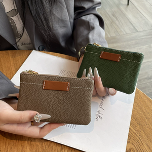 Porte-monnaie ultra-fin en cuir véritable unisexe, mini sac à clés compact de haute qualité avec fermeture éclair, étanche, poignée souple, court - Product Image 4