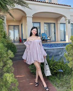 Top Quality Pink Off-Shorlee Volumetric <b>Dress</b> With Bow <b>Casual</b> <b>Dresses</b> 100% Polyester V-neck Bubble sleeve Loose Waist OEM/ODM - Product Image 6