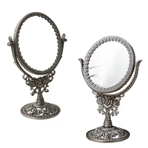 Customized Metal round Embossed rose Folding Double sides Cosmetic Mirror Zinc Alloy Vintage High Definition Dressing Mirror