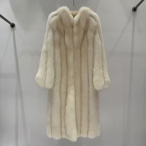 Nuovo Cappotto Lungo in Vera <span class=keywords><strong>Pelliccia</strong></span> di Volpe <span class=keywords><strong>Beige</strong></span> di Lusso per Donna - Product Image 1
