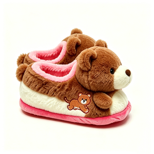 Customized Cute <b>Bear</b> Plush Slippers With Embroidered Design <b>Pink</b> And Brown Unisex Indoor Wear - Product Image 3