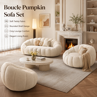 Ensemble de canapé en bouclette douce couleur citrouille avec fauteuil et ottoman, design crème à cannelures, confort ergonomique pour un salon douillet