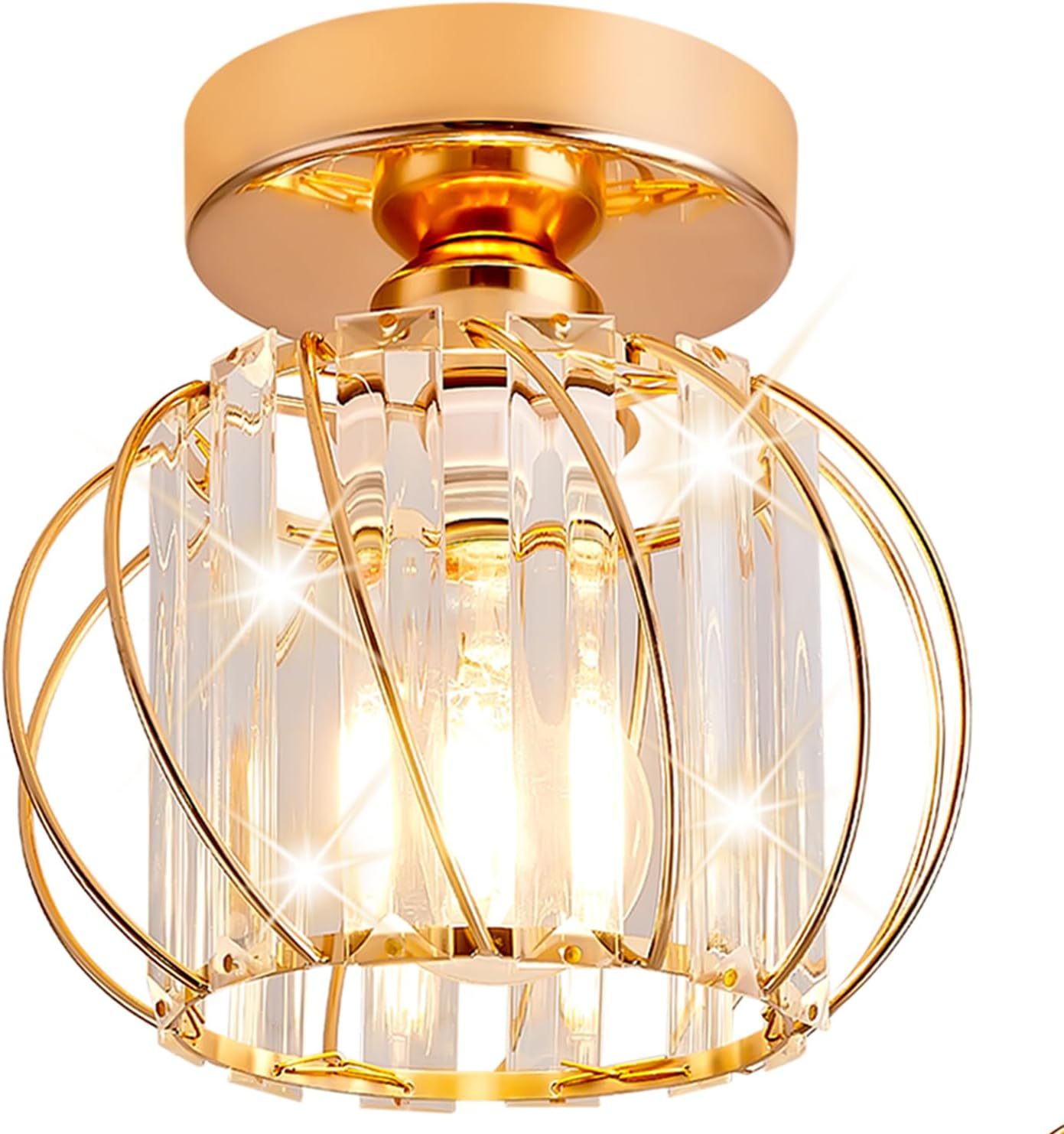 Industrial Crystal Chandelier Semi Flush Mount Ceiling Light,Iron Frame Cage Hallway Ceiling Lamps for Corridor Bathroom Kitchen