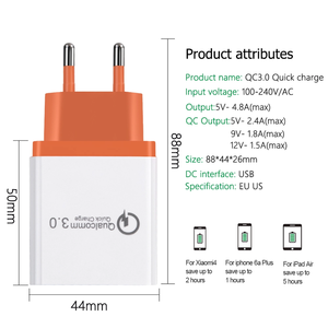 Carga rápida 3,0 Cargador USB 18W Adaptador de 3 puertos QC 3,0 UE EE. UU. Enchufe de pared Teléfono móvil Cargador rápido Cargador de pared para el hogar Viaje - Product Image 3