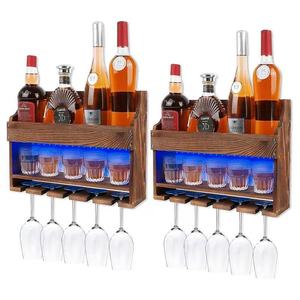 Wooden Wall Mounted Wine Rack With <b>Led</b> <b>Light</b> 2 Tier Bottle Glass Holder For <b>Bar</b> Storage Organization - Product Image 1