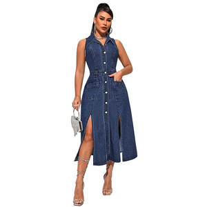 218777 #   <span class=keywords><strong>Site</strong></span> web indépendant <span class=keywords><strong>de</strong></span> vêtements pour femmes : Nouvelle robe en jean sans manches, fendue, cintrée à la taille, vente directe - Product Image 6