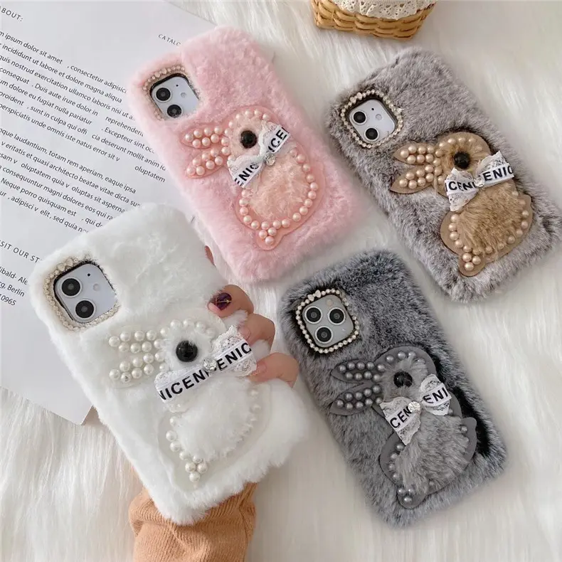 Case For iPhone 12 13, Laudtec Bear Dog Rabbit Plush Cartoon Fur Cute Phone Case For iPhone 13 12 Pro Max Girls Shockproof Cover