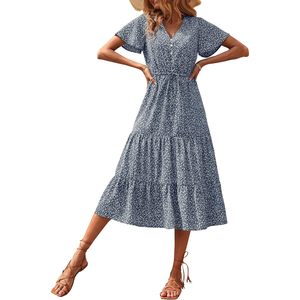 Robe florale FOXA pour femme, été, manches courtes, col en V, à volants, coupe trapèze, longue, décontractée, style bohème, pour la plage, respirante, tissée - Product Image 1