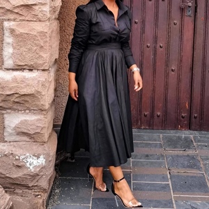 Women's Long-Sleeve Collared Shirt With African-Inspired Elegance, High-Waisted Pleated Skirt, Casual 2-Piece <b>Set</b> Fashion - Product Image 4